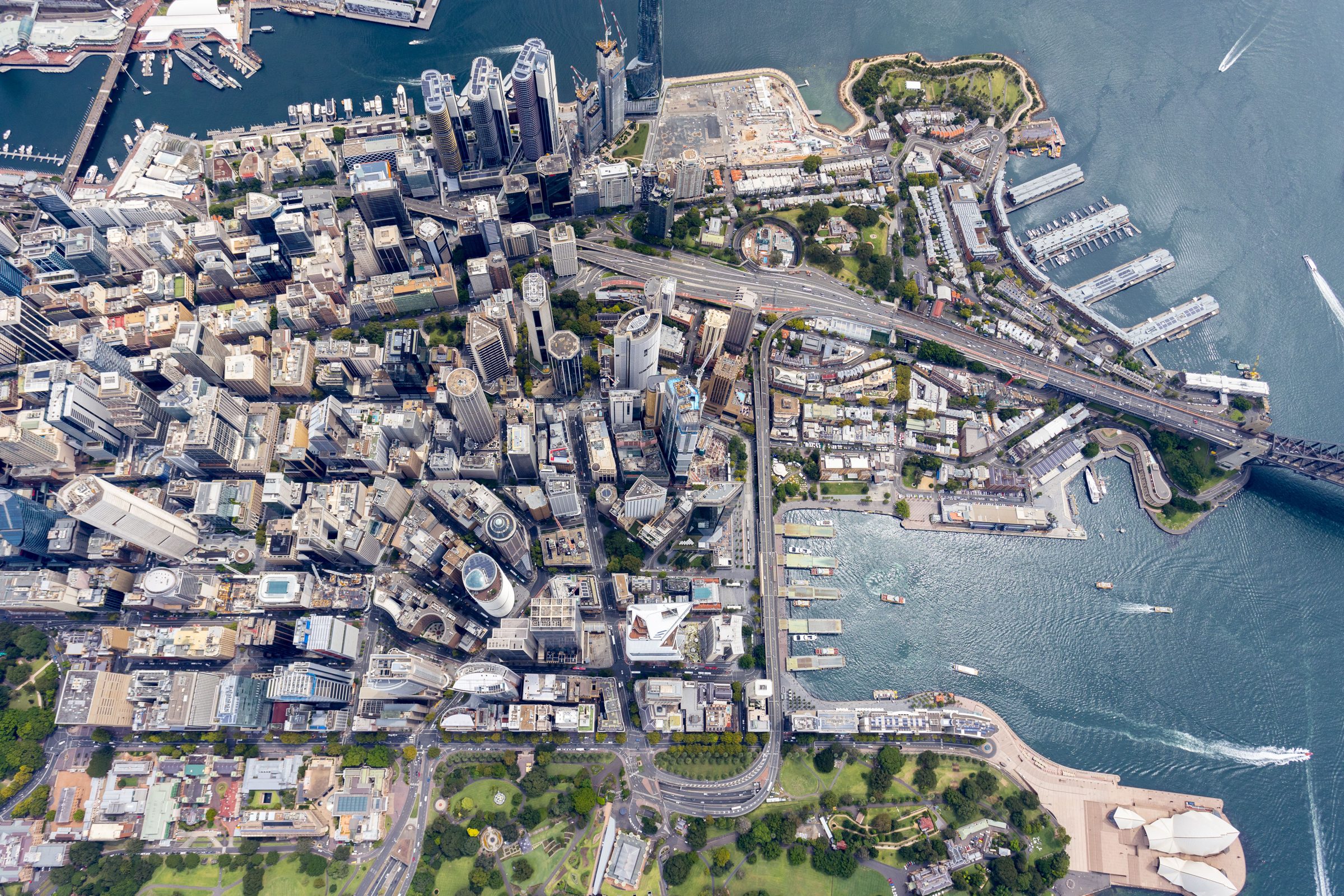 Aerial view of Sydney’s northern CBD, The Rocks and Circular Quay, with the Morson Group studio at 263 George Street marked in red